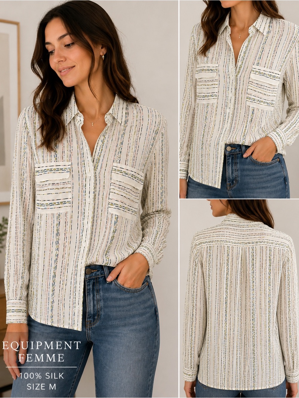Equipment Femme 100% Silk Button Down Blouse Abstract Stripe Print Size M